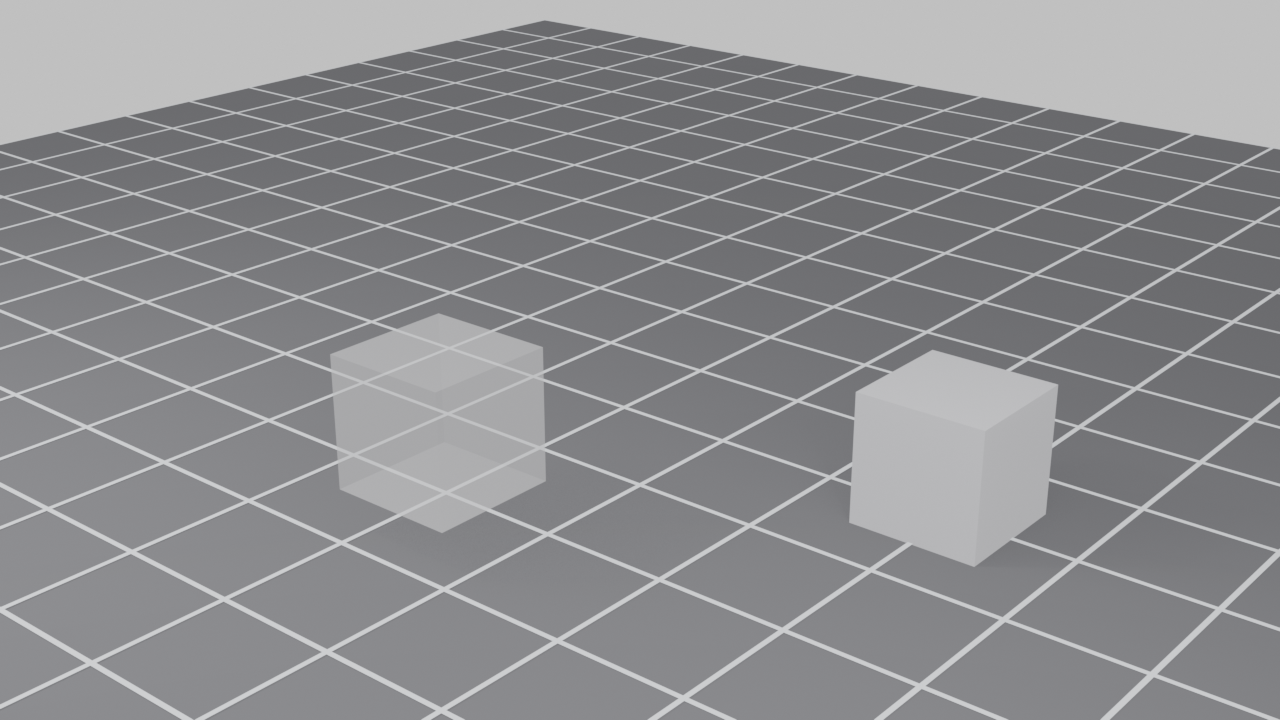 A translucent ghost cube positioned off the grid and a solid cube snapped to a grid intersection, showing the same object before and after grid snapping.