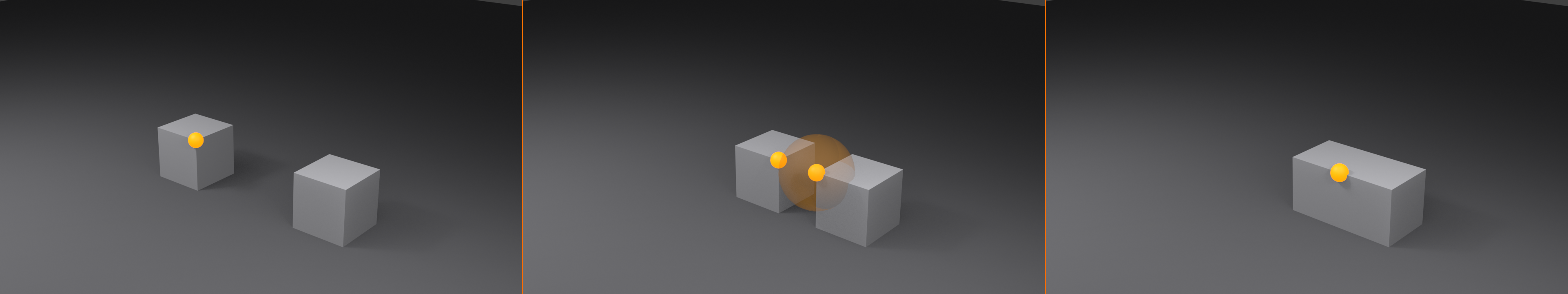 Three-panel sequence of vertex-to-vertex snapping between two cubes. Before: the two cubes sit apart with a gap, the moving cube's corner vertex highlighted in orange. During: the cubes are close, the moving vertex and target vertex both highlighted with a semi-transparent orange snap-radius sphere around the target. After: the moving cube's corner coincides exactly with the target corner, forming one continuous connected form.
