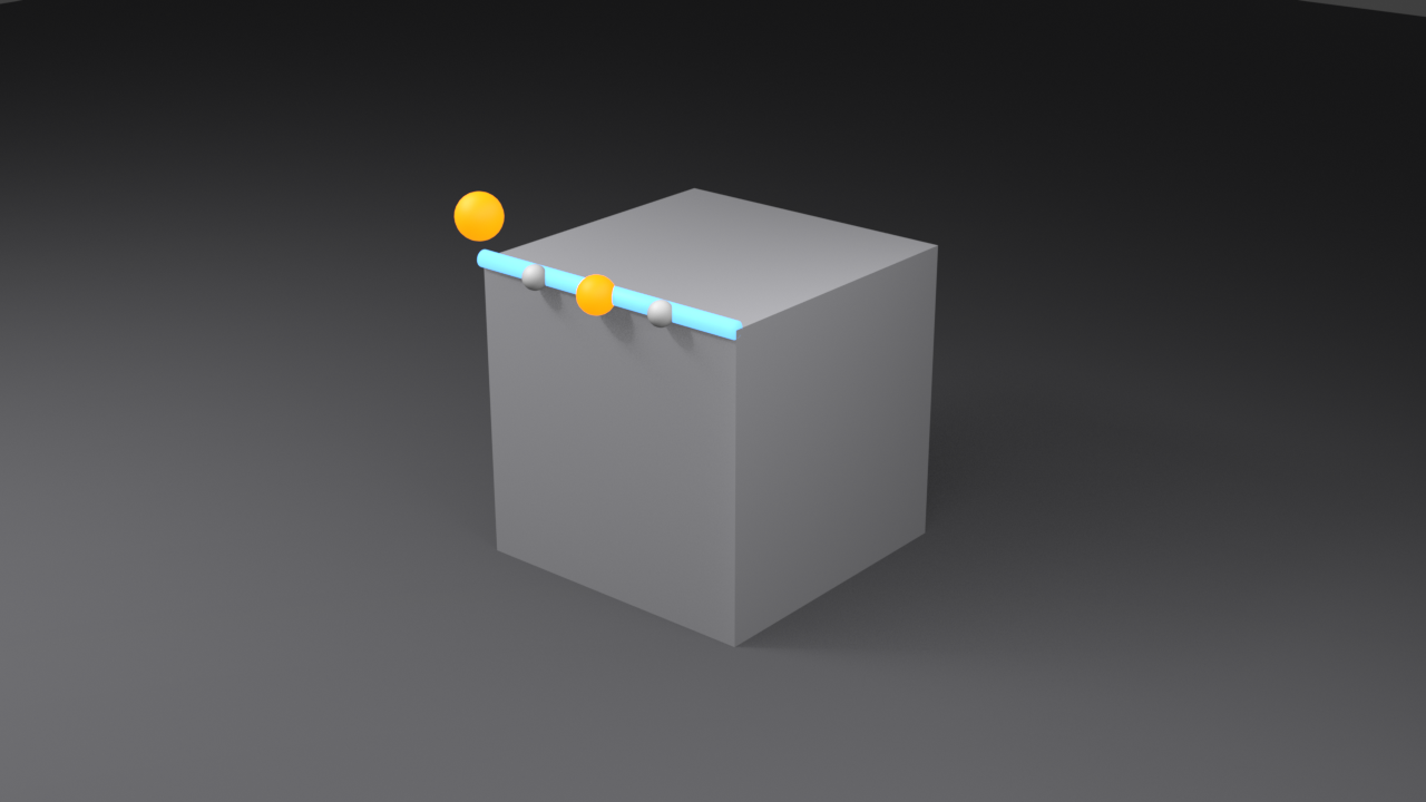 A single cube with its front-top edge highlighted in cyan. A vertex approaches the edge from above, and snap points are marked along the edge: an orange dot at the midpoint and two white dots at the quarter points, illustrating that edge snapping can land on any point along an edge rather than only its endpoints.