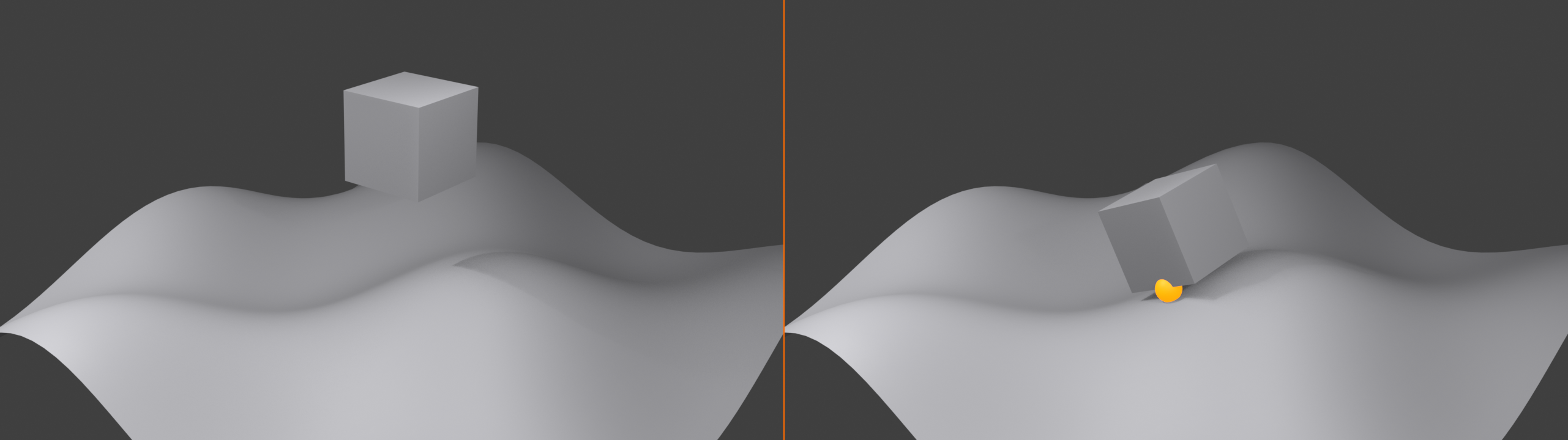 Two-panel before-and-after of face snapping onto an undulating surface. Left (Before): a cube floats axis-aligned above the wavy terrain, not touching it. Right (After): the same cube sits on the surface, rotated to match the surface normal, with a green ring marking the contact point, a blue arrow showing the surface normal direction, and a green check confirming correct placement.