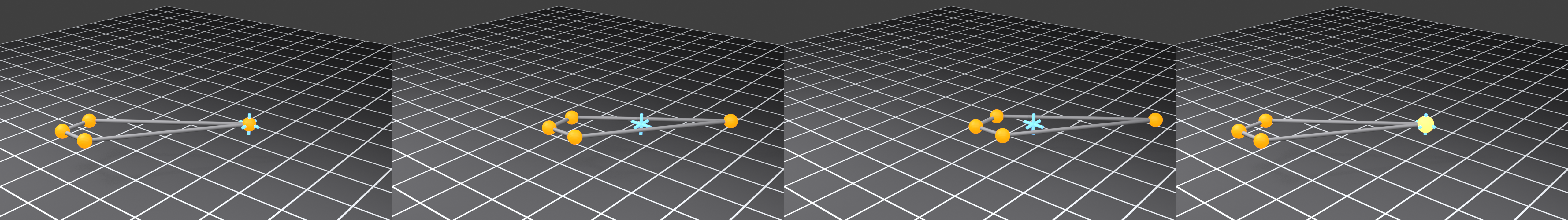 Four side-by-side viewport panels comparing the Snap With modes for the same multi-vertex L-shaped selection snapping to one fixed cyan crosshair target. Closest: the nearest selected vertex meets the target. Center: the selection's bounding-box center meets the target. Median: the average vertex position meets the target. Active: the brighter active vertex meets the target while the rest follow. A green ring marks the snapped reference point on the crosshair in each panel.