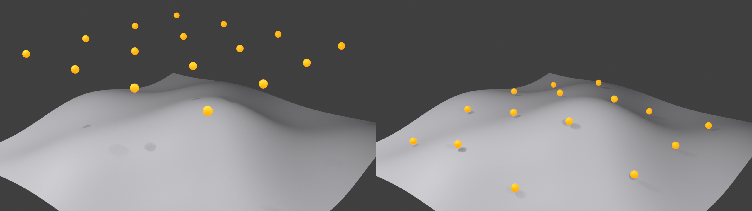 Two-panel comparison of Project Individual Elements. Left (OFF): a flat grid of orange vertex markers hovers in a uniform plane above an undulating dome surface. Right (ON): the same grid is draped onto the dome, each marked vertex independently dropping to follow the surface contours, with blue arrows tracing three vertices from their flat positions down to the draped surface.