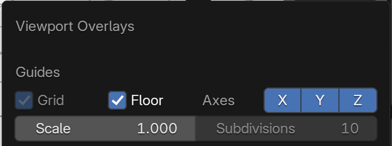Blender's Viewport Overlays dropdown showing the Guides section, with the Grid Scale field set to 1.000 and the Subdivisions field set to 10.