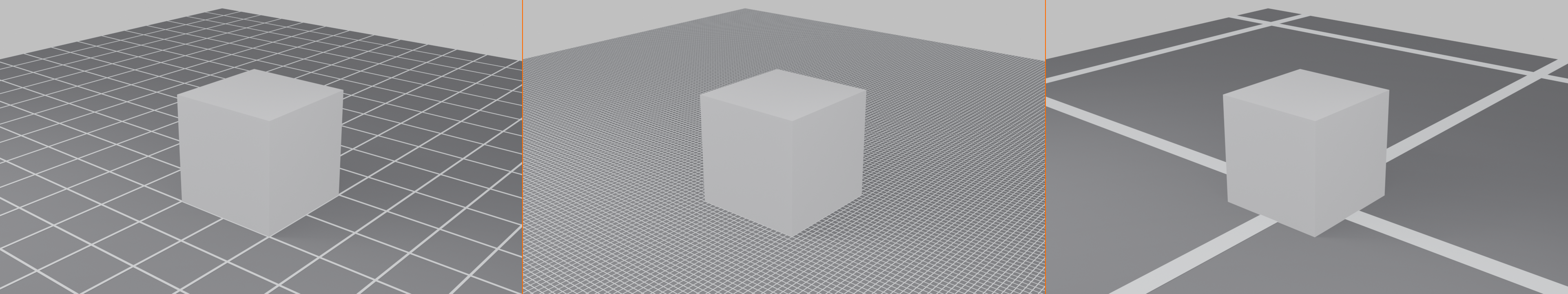 Three side-by-side viewport panels of the same reference cube on a grid floor at different grid scales. Left: grid scale 1.0, lines every 1 unit (standard density). Center: grid scale 0.1, a dense fine grid with many closely spaced lines. Right: grid scale 10.0, a coarse grid with only a few widely spaced heavy lines.
