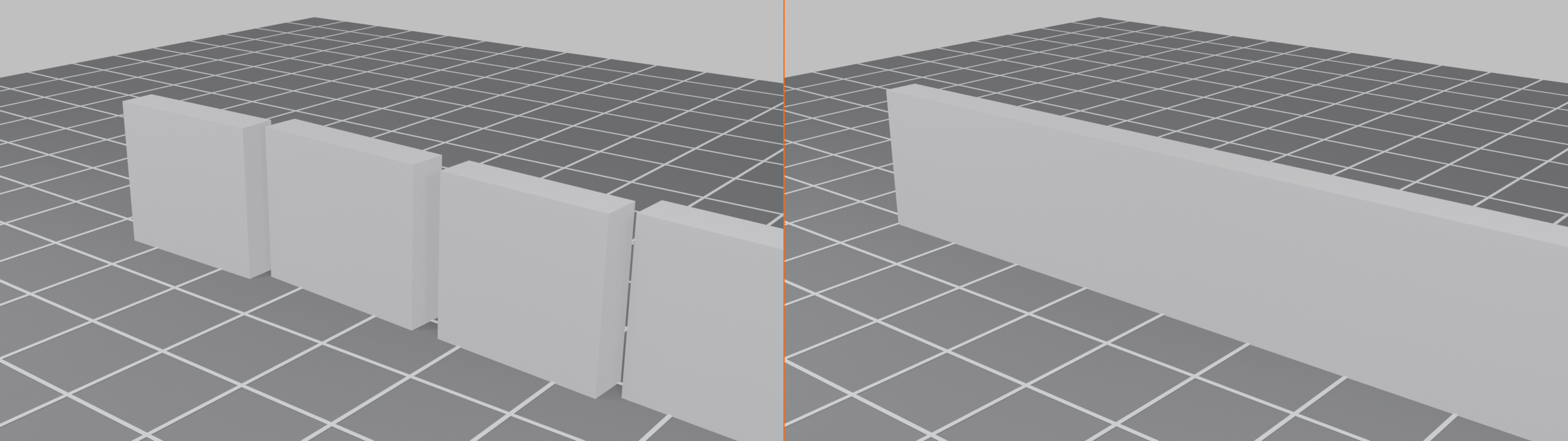 Two-panel comparison of modular wall construction. Left panel: wall pieces built without grid alignment, showing mismatched widths, uneven gaps between segments, and slight rotations so the pieces do not meet cleanly. Right panel: four equal width-2 pieces placed on a 1-unit grid, forming one seamless grid-aligned wall with zero gaps.