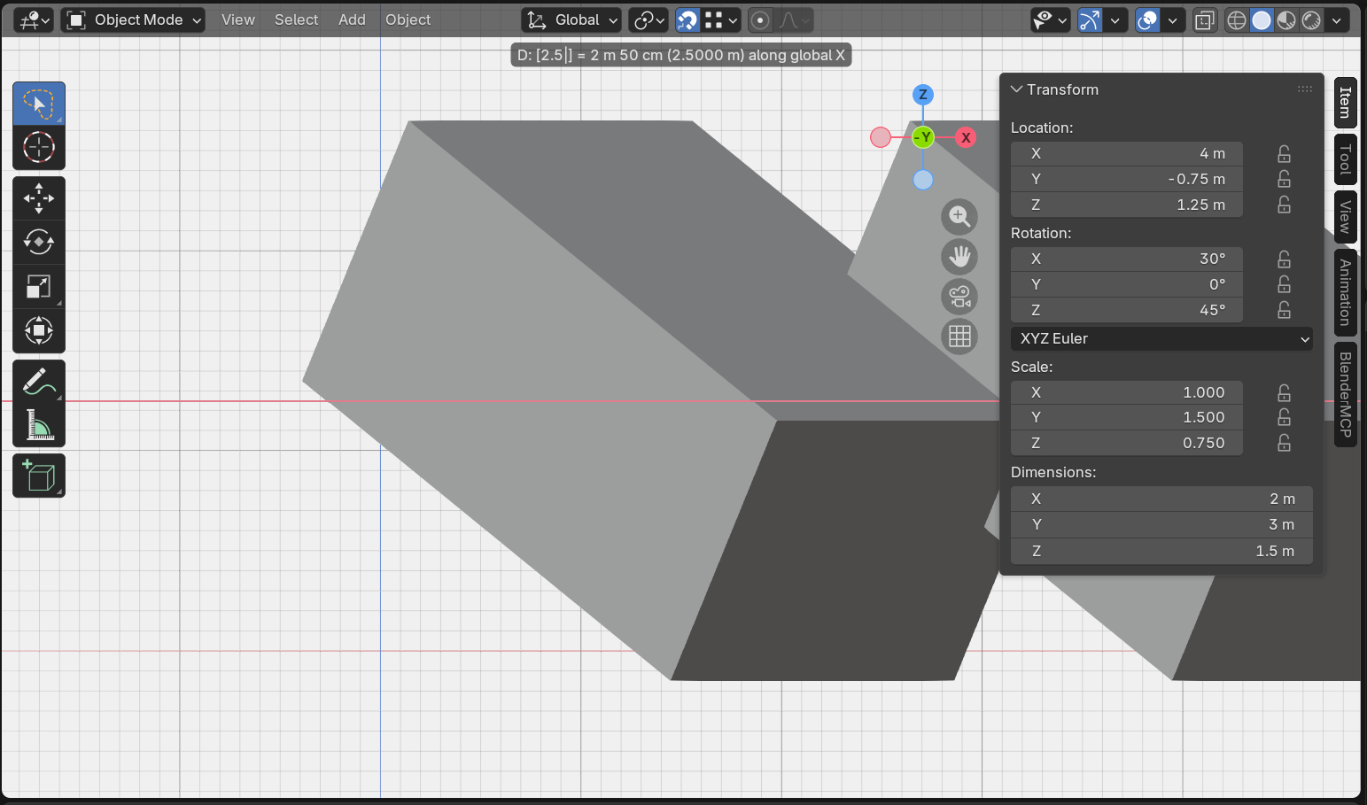 Blender's 3D Viewport during a move operation. The header shows the live numerical-input readout 'D: [2.5] = 2 m 50 cm (2.5000 m) along global X' as the cube is moved an exact distance along the X-axis, with the move gizmo and the N-panel Transform fields reading the same values.
