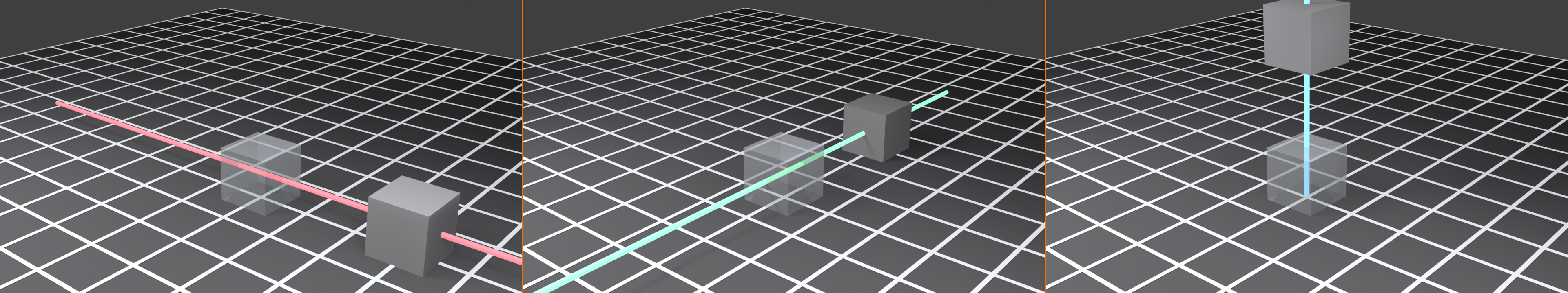 Three side-by-side viewport panels showing axis-constrained movement. Left: a cube moved along the X-axis, traced by a red axis line from its ghosted start position. Center: a cube moved along the Y-axis, traced by a green axis line into the scene depth. Right: a cube lifted straight up along the Z-axis, traced by a vertical blue axis line. Each panel shows the ghosted starting position and the constraint key for that axis.