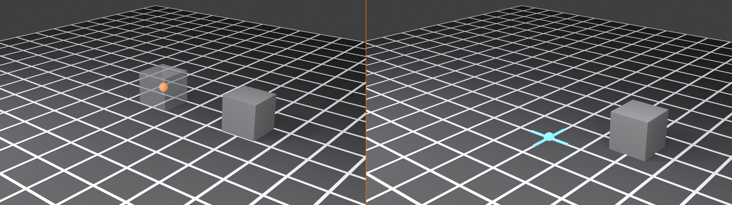 Two side-by-side viewports: on the left a cube moves three units along X relative to its starting position; on the right a cube is placed at an absolute world coordinate measured from the origin.