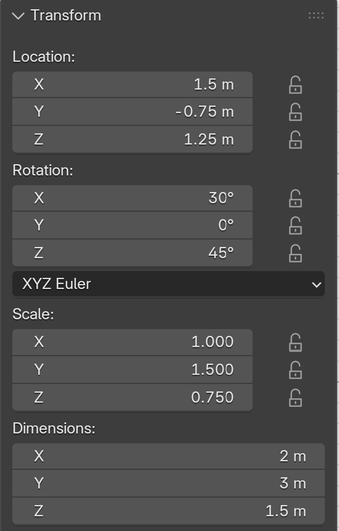 The N-panel Item tab Transform section showing Location, Rotation, and Scale fields filled with exact decimal values, plus the read-only Dimensions readout below.