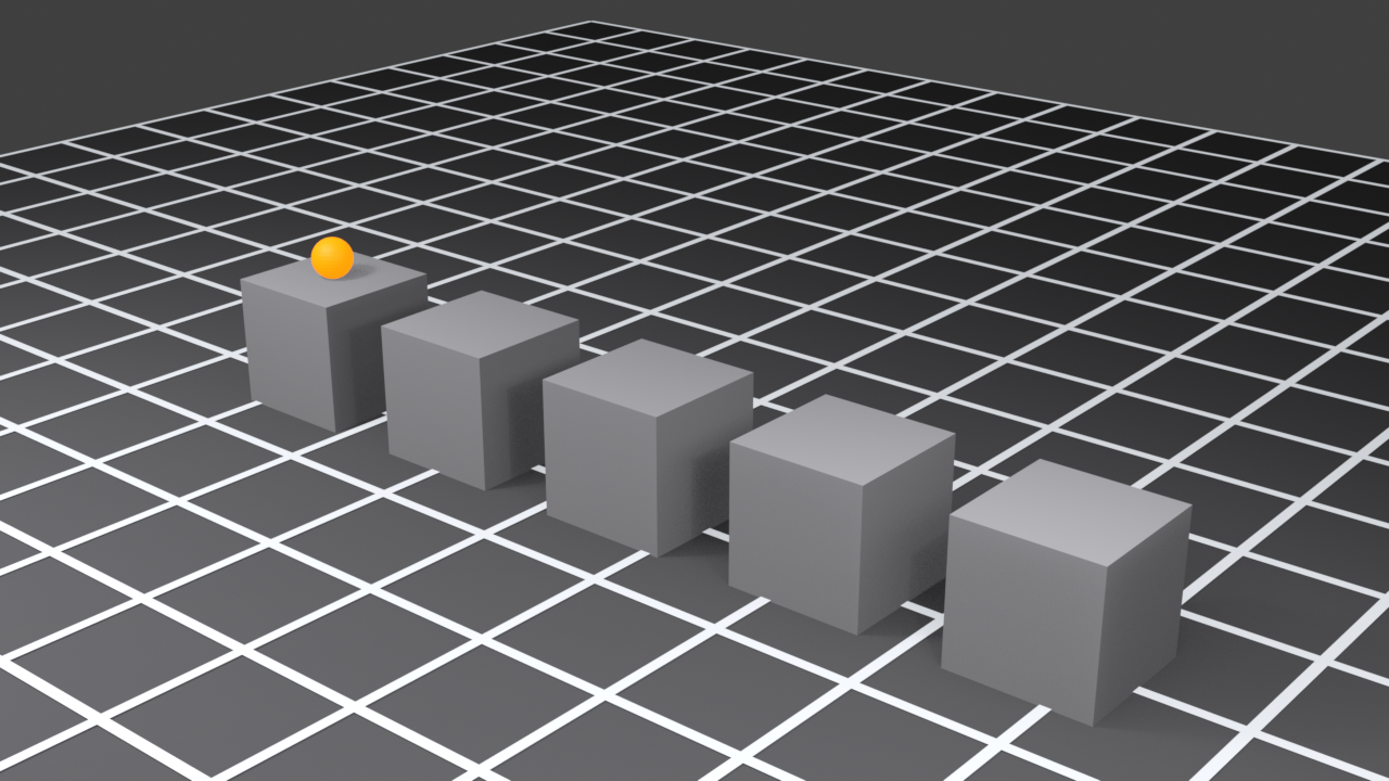 A row of five identical cubes marching diagonally across a grid floor at a constant offset; the leftmost cube is flagged as the original and green arrows show each equal-distance repeat produced by Shift+R.