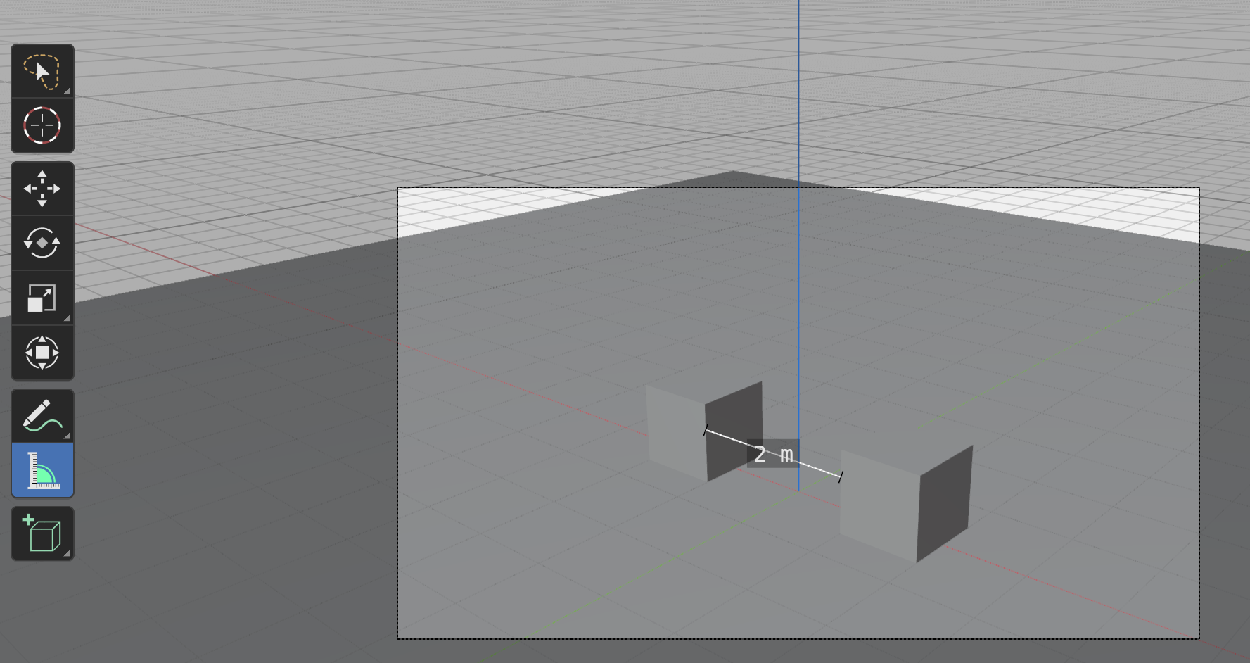 Blender viewport with the Measure tool active in the left toolbar, a measurement line drawn between two cubes, and a '2 m' distance readout shown on the line.