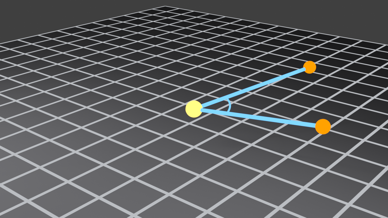 Blender viewport showing the Measure tool used to read an angle: two arms meet at a central vertex, with a 52.9-degree angle measured between them.