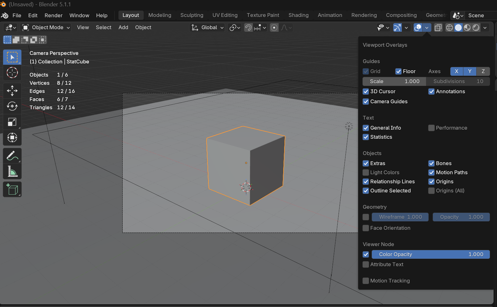 Blender Viewport Overlays popover with the Statistics checkbox enabled under the Text section, and the top-left of the viewport showing the live mesh readout: Objects 1/6, Vertices 8/12, Edges 12/16, Faces 6/7, Triangles 12/14.