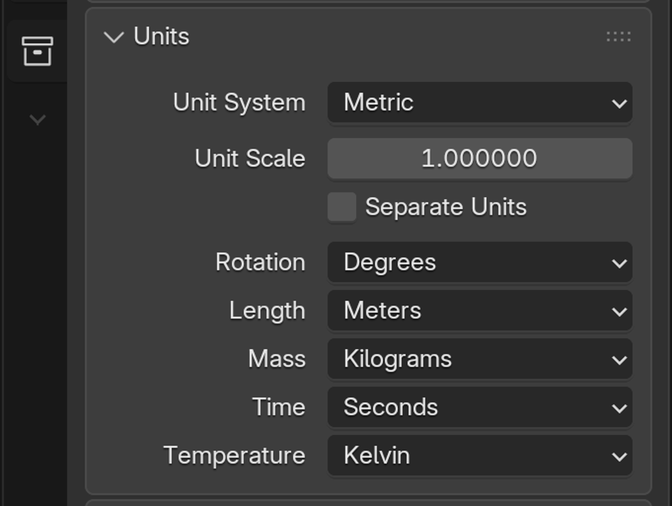Blender's Scene Properties Units panel, showing Unit System set to Metric, Unit Scale at 1.000000, and Length set to Meters, with the Metric/Unit Scale/Length fields highlighted.