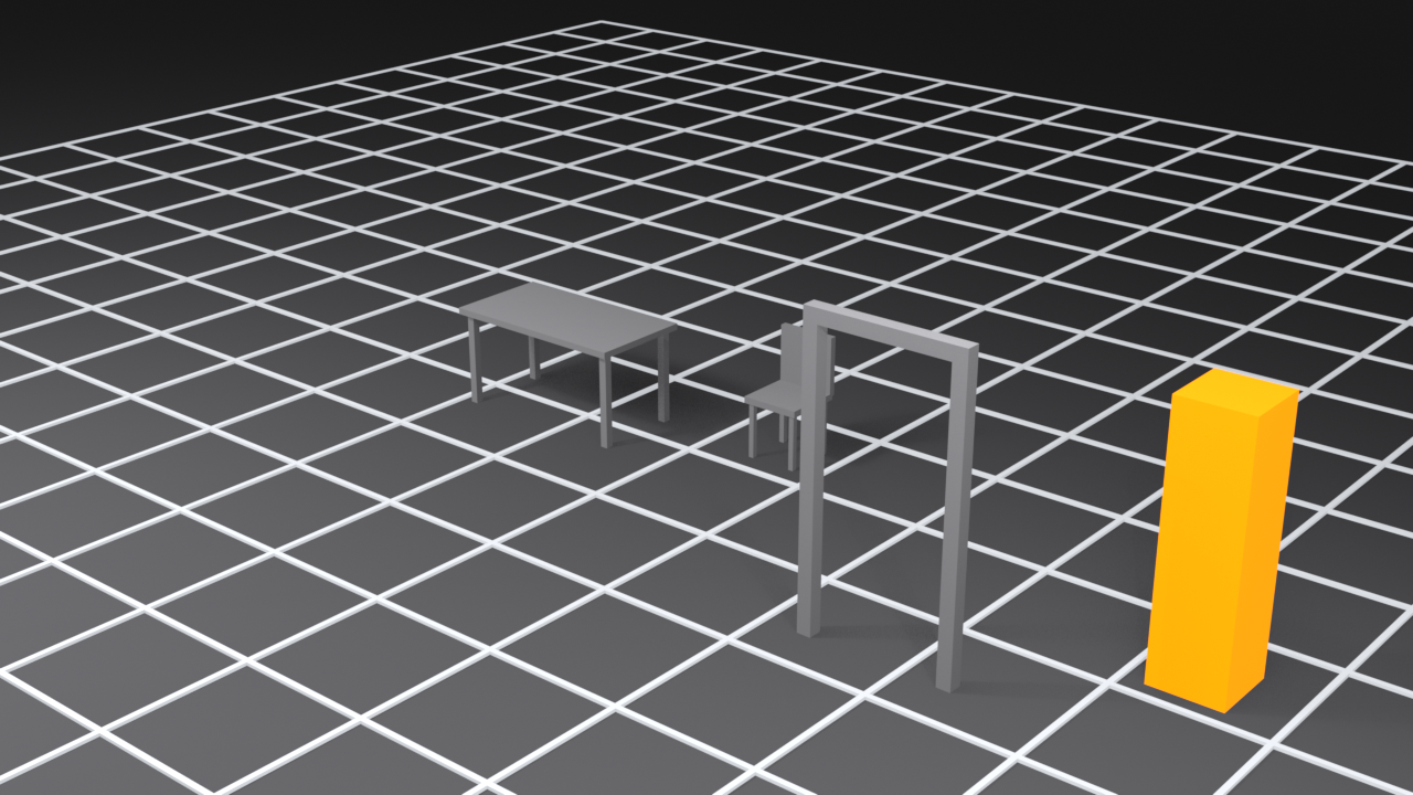 A 3D scene with a table, chair, and doorway frame modeled to real-world scale, beside a tall orange reference cube sized to 1.8 metres (human height) for intuitive scale comparison.