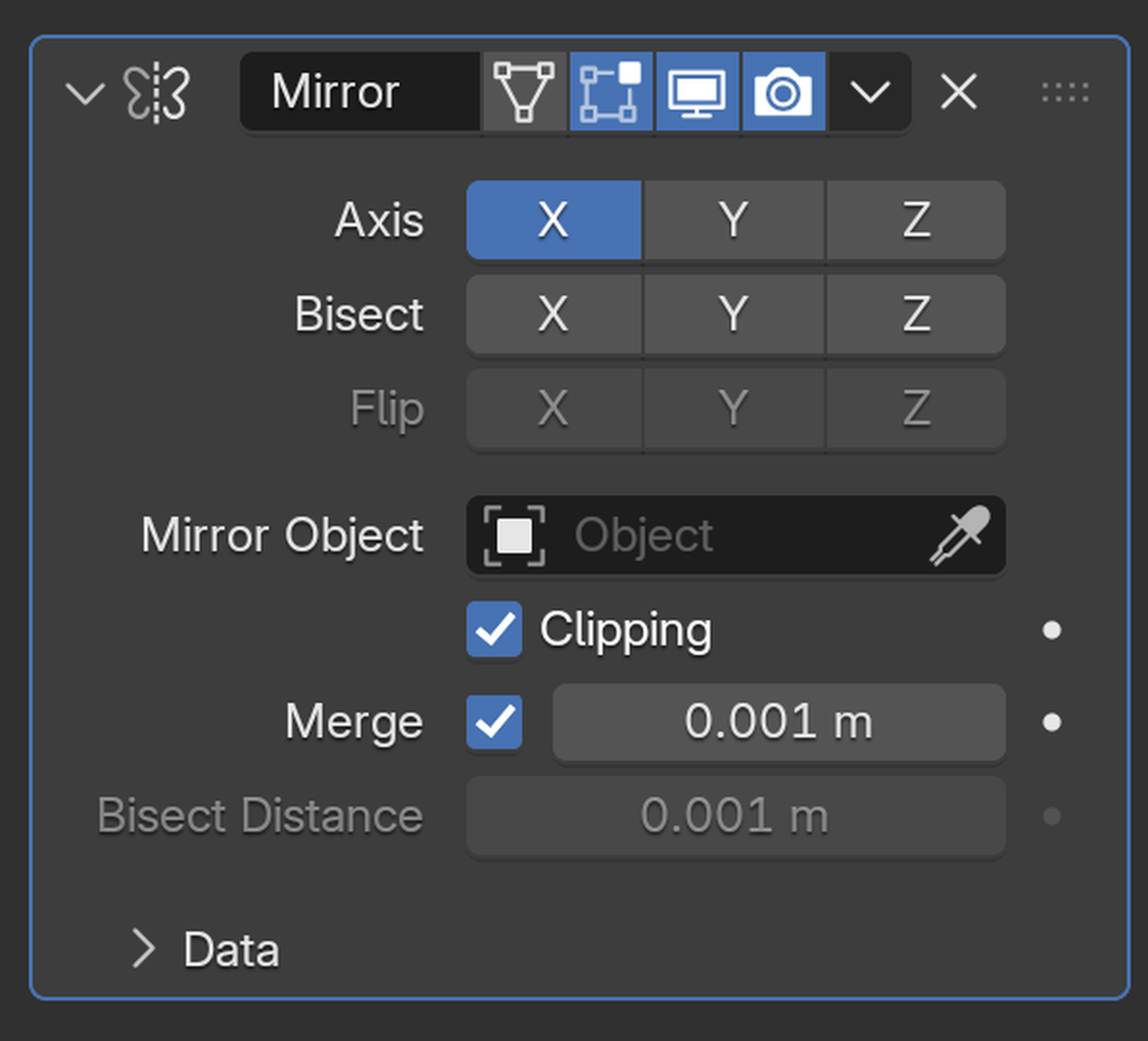 Annotated screenshot of Blender's Mirror modifier panel. Green callouts highlight the Axis X toggle button (mirror across X), the Clipping checkbox (prevents the two halves crossing the center), and the Merge checkbox (welds center vertices). The Mirror Object field and Bisect row are also visible.