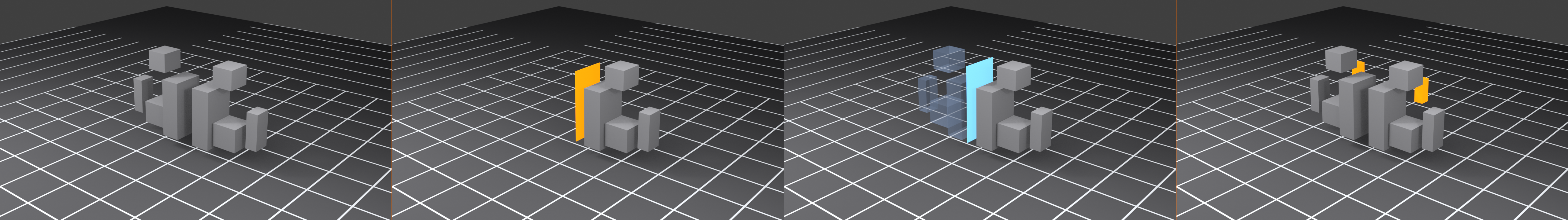 Four-panel sequence showing the mirror modeling workflow. Panel 1 Full Mesh: a complete symmetric form. Panel 2 Delete Half: one side removed. Panel 3 Add Mirror: a Mirror modifier regenerates the missing half. Panel 4 Model One Side: edits to the remaining half mirror across automatically.