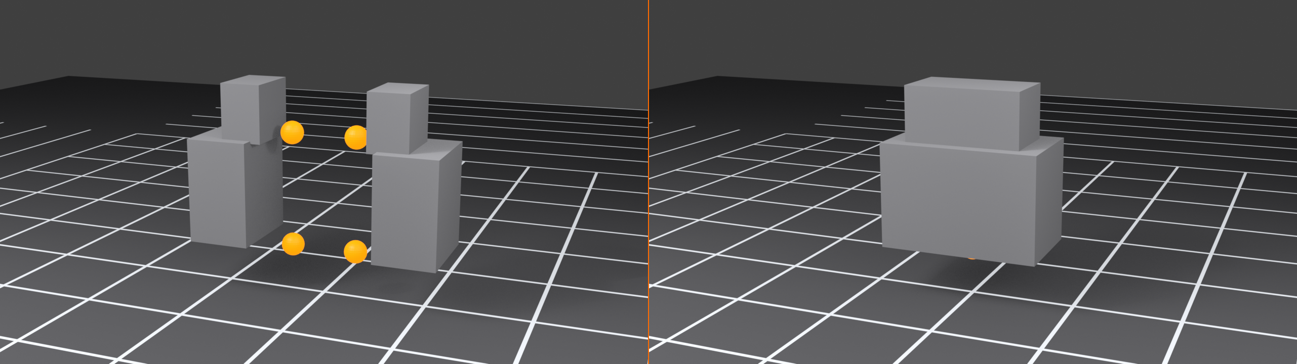 Two-panel comparison of the Mirror modifier Clipping option. Left panel Clipping OFF: the two mirrored halves leave a visible gap at the center seam, marked with a red warning ring. Right panel Clipping ON: the halves meet cleanly at the center, marked with a green dot. A dashed cyan mirror plane runs through each.