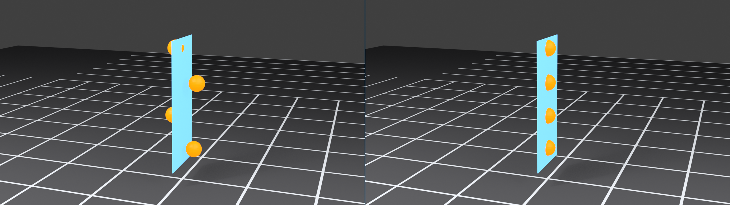 Two-panel before and after of the S X 0 command. Left panel Before: several center-seam vertices sit slightly off the mirror plane, each circled in orange, while a dashed cyan line marks X=0. Right panel After S X 0: the same vertices are flattened exactly onto the X=0 plane.
