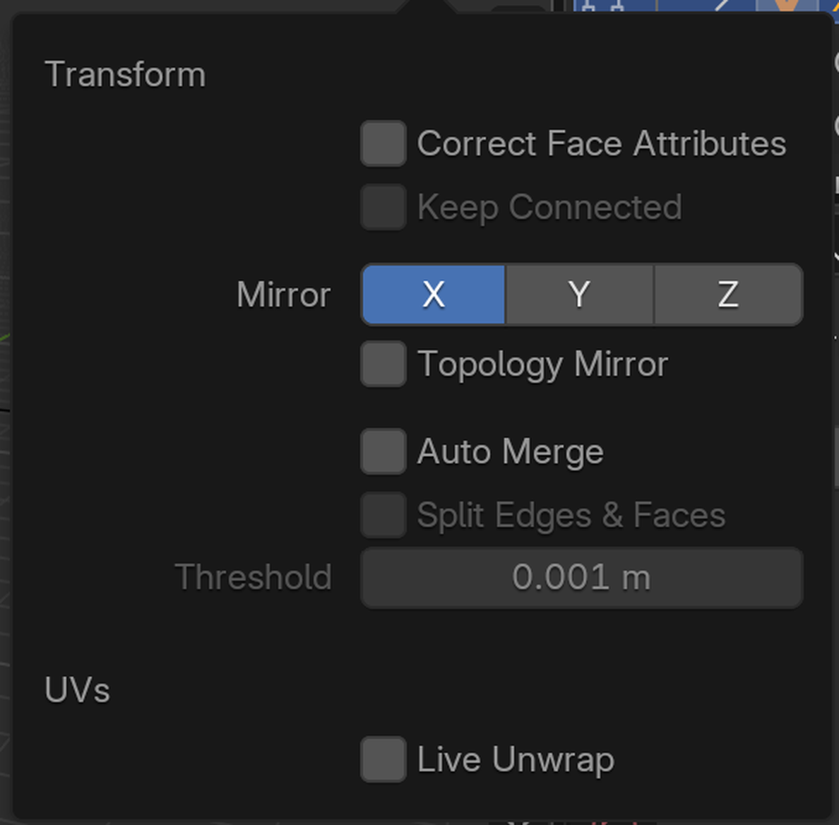 Annotated screenshot of Blender's Edit Mode Options dropdown. A green callout highlights the X button in the Mirror toggle row (the X-Mirror control), which makes vertex selections symmetric across the X axis. Topology Mirror, Auto Merge, and the Threshold field are visible below.