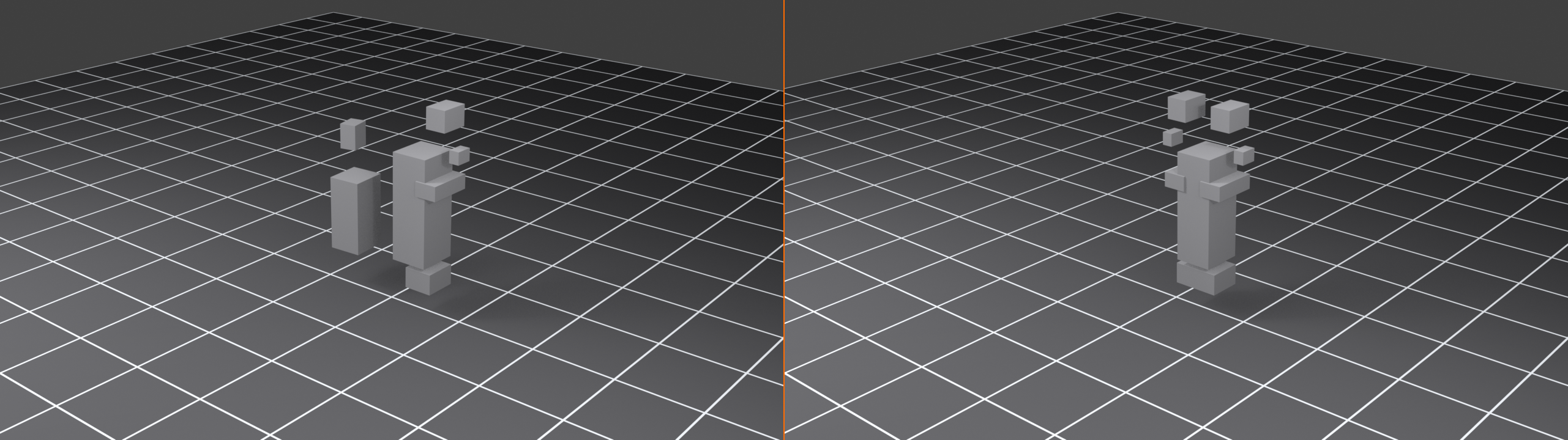 Two-panel before and after of the Symmetrize operation. Left panel Asymmetric: a lopsided, uneven mesh with a dashed cyan mirror plane. Right panel Symmetrize: the same mesh made perfectly symmetric, one side mirrored to replace the other.