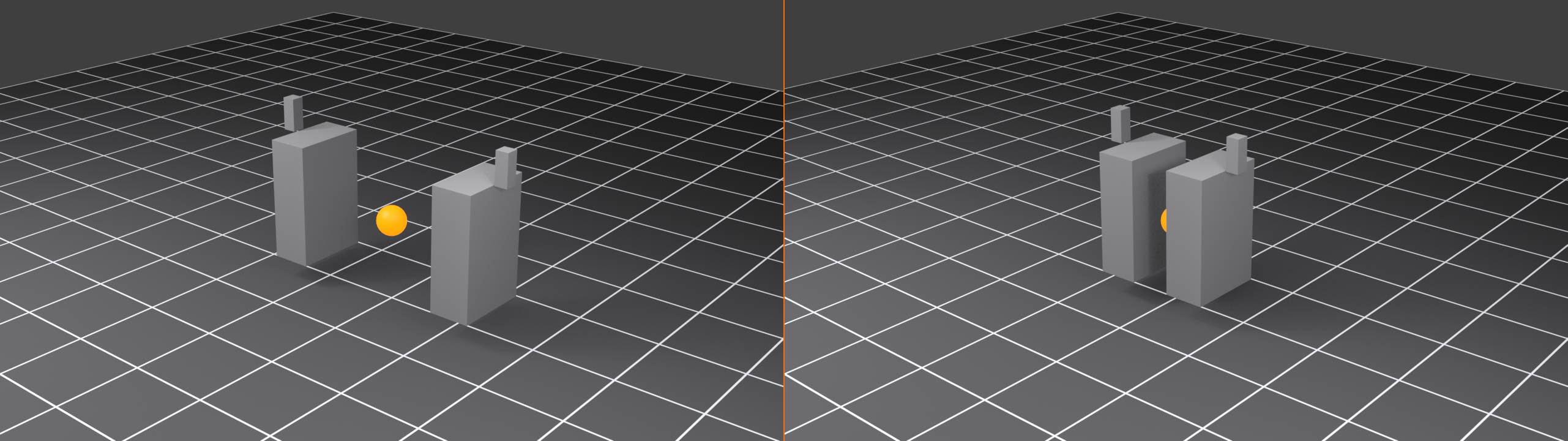 Two-panel comparison of object origin placement for the Mirror modifier. Left panel Offset Origin: the origin (orange dot) sits away from center, so the mirrored halves separate and leave a gap, marked with a red ring. Right panel Centered Origin: the origin sits at the model center, so the halves join along a clean green seam.