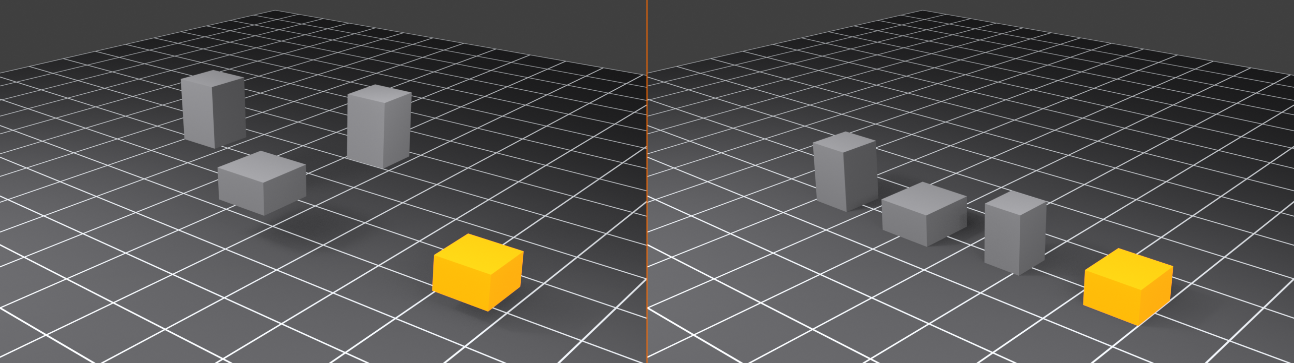 Two-panel before-and-after of the Align Objects operation. Left (Before): three grey boxes sit scattered at different heights with an orange active box low on the grid. Right (After): the grey boxes have been aligned so their bottoms share the same Z height as the orange active box, sitting level on one plane.