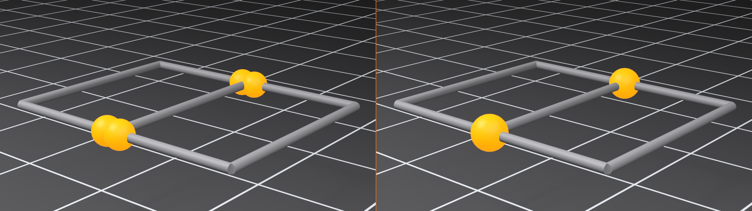 Two-panel before-and-after close-up of Merge by Distance on a wireframe square. Left (Before, 16 vertices): the corners show doubled, overlapping vertex spheres, two of them circled in orange. Right (After, 8 vertices): the corners are clean single spheres after merging. The command M then By Distance with a threshold of 0.001 is shown at the top.