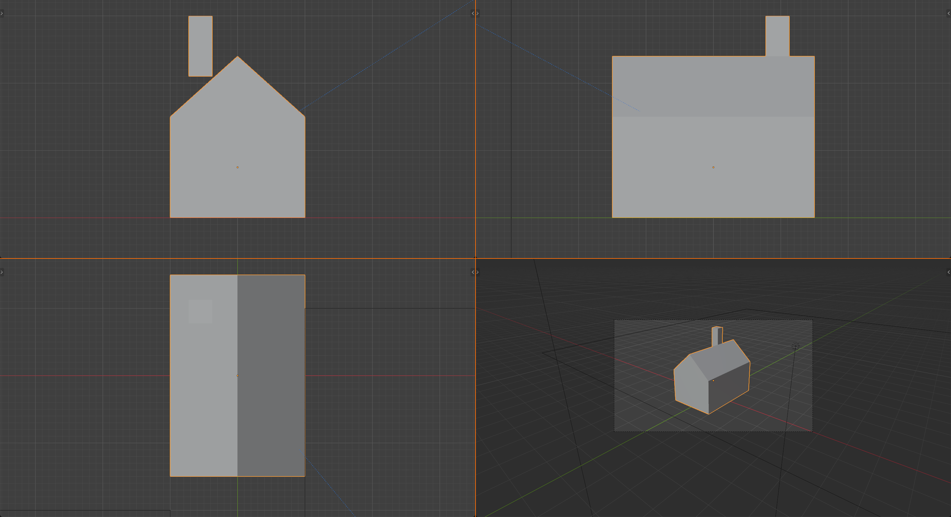 Two-by-two grid of the same simple house model seen from four views, separated by orange dividers. Top-left: Front view (Numpad 1), the classic house-triangle silhouette with a chimney. Top-right: Right view (Numpad 3), the long flat-roofed side profile. Bottom-left: Top view (Numpad 7), the footprint with ridge and offset chimney. Bottom-right: Camera view (Numpad 0), a three-quarter perspective inside the camera frame. The selected house has an orange outline in every panel.