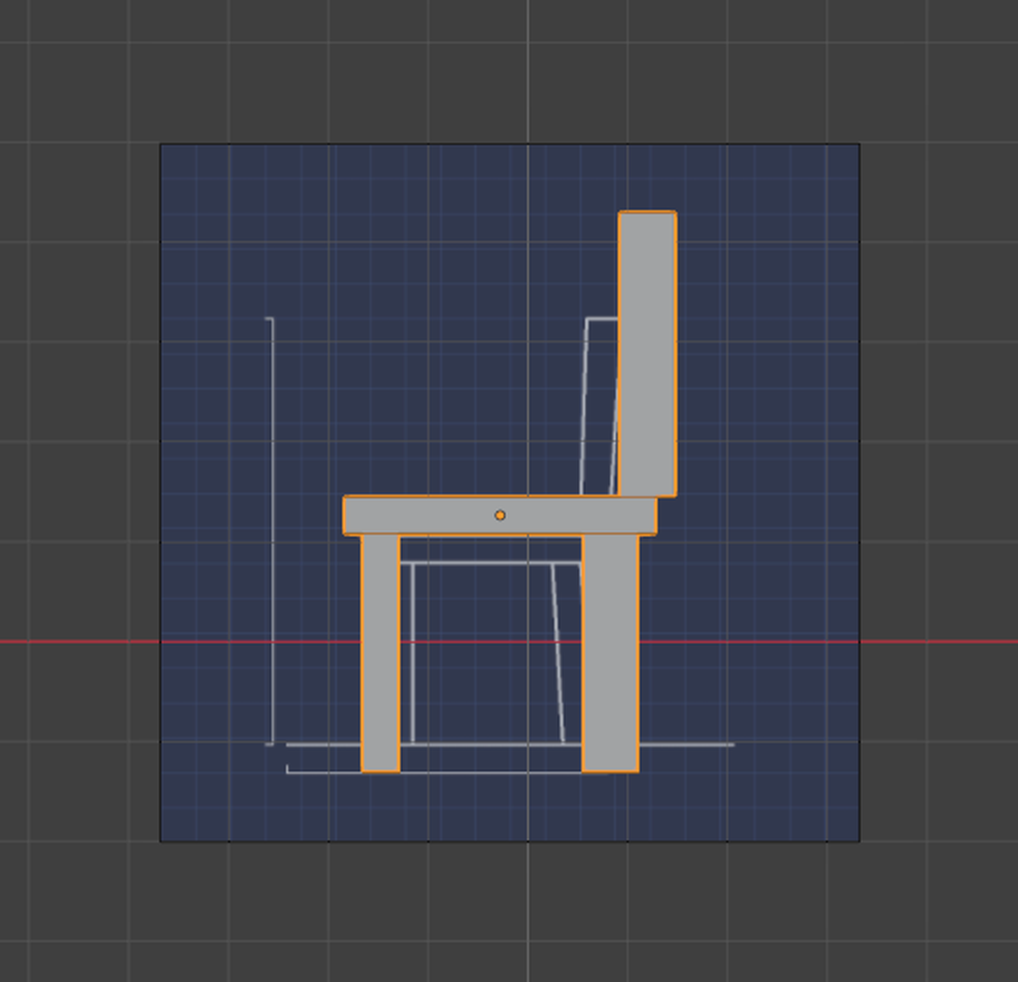 Blender front-orthographic viewport set up for reference-image modeling. A blueprint-blue chair side-elevation drawing sits in the background at partial opacity, with a faint grid showing through it, and a grey chair model with an orange selected-outline is traced directly over the drawn chair. The workflow is reached through Add then Image then Reference.