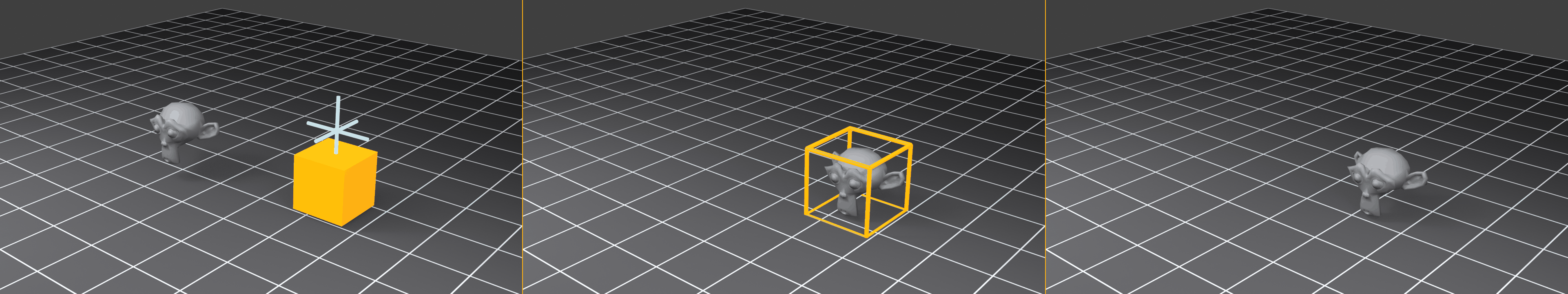 Three-panel sequence of the sacrifice-object alignment technique. Panel 1: a complex Suzanne head sits to the left while a solid orange cube is placed precisely at the target location, marked by the 3D cursor. Panel 2: Suzanne is aligned to the cube, shown inside an orange wireframe alignment cage. Panel 3: the cube is deleted and Suzanne remains in the exact target position.