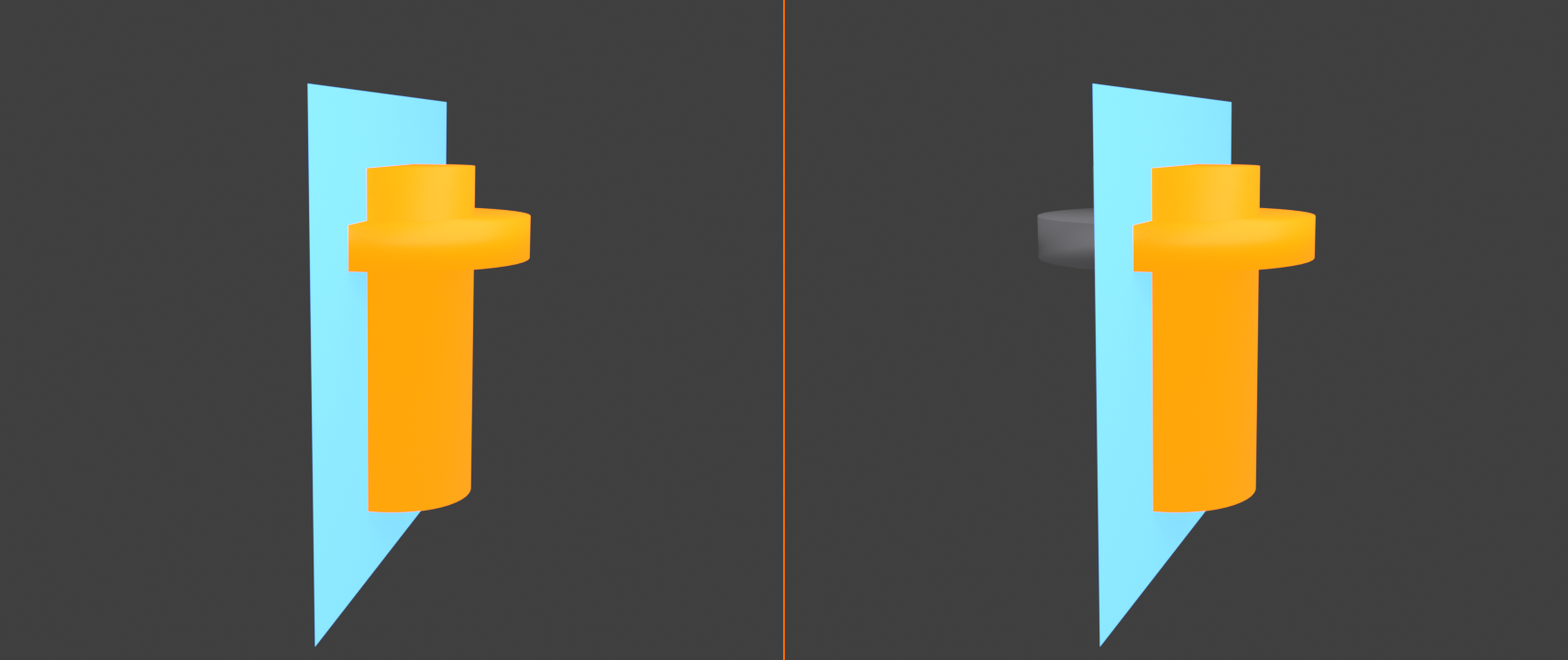 Two-panel mirror-modeling comparison. Left: an orange modeled half of the branch beside a cyan vertical mirror plane at X equals zero. Right: the same orange half with a grey auto-mirrored half generated by the Mirror modifier on the opposite side of the plane, completing the symmetric branch.