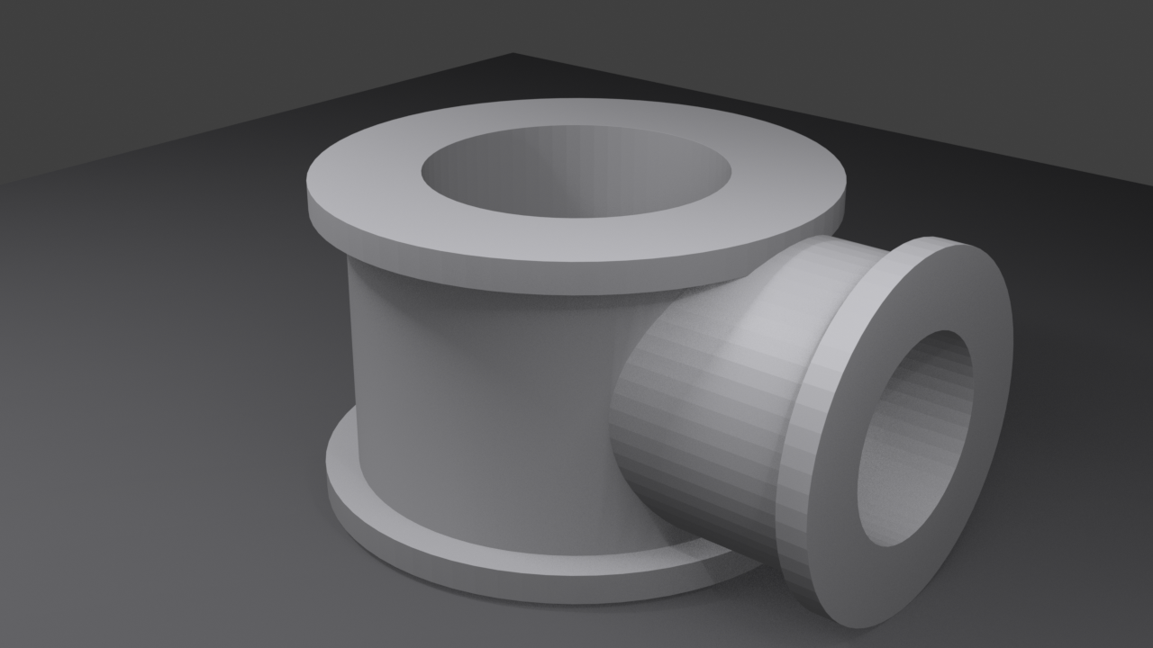 The finished hollow T-connector rendered as a product hero shot on a dark floor. The main cylindrical body stands upright with a flanged, open top revealing the hollow bore; a perpendicular branch with its own flange and open bore projects to the lower right. Green measurement annotations mark the main body diameter of 3 centimetres, the 2 centimetre hollow interior, the branch diameter of 2 centimetres, the 0.2 centimetre flange thickness, and the branch length of 2 centimetres, each with a verification checkmark.