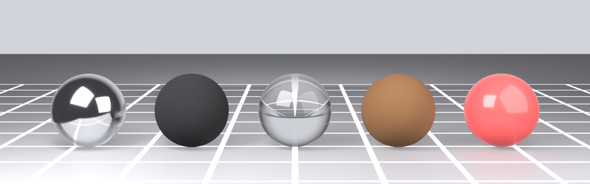 Five spheres lit identically under one studio setup, each rendered with a different material so the surfaces respond to light in distinct ways. Left to right: a chrome sphere with sharp mirror reflections, a near-black rubber sphere that reads matte, a clear glass sphere that transmits and refracts the backdrop, a tan wood sphere with soft diffuse shading, and a glossy red plastic sphere with a bright highlight.