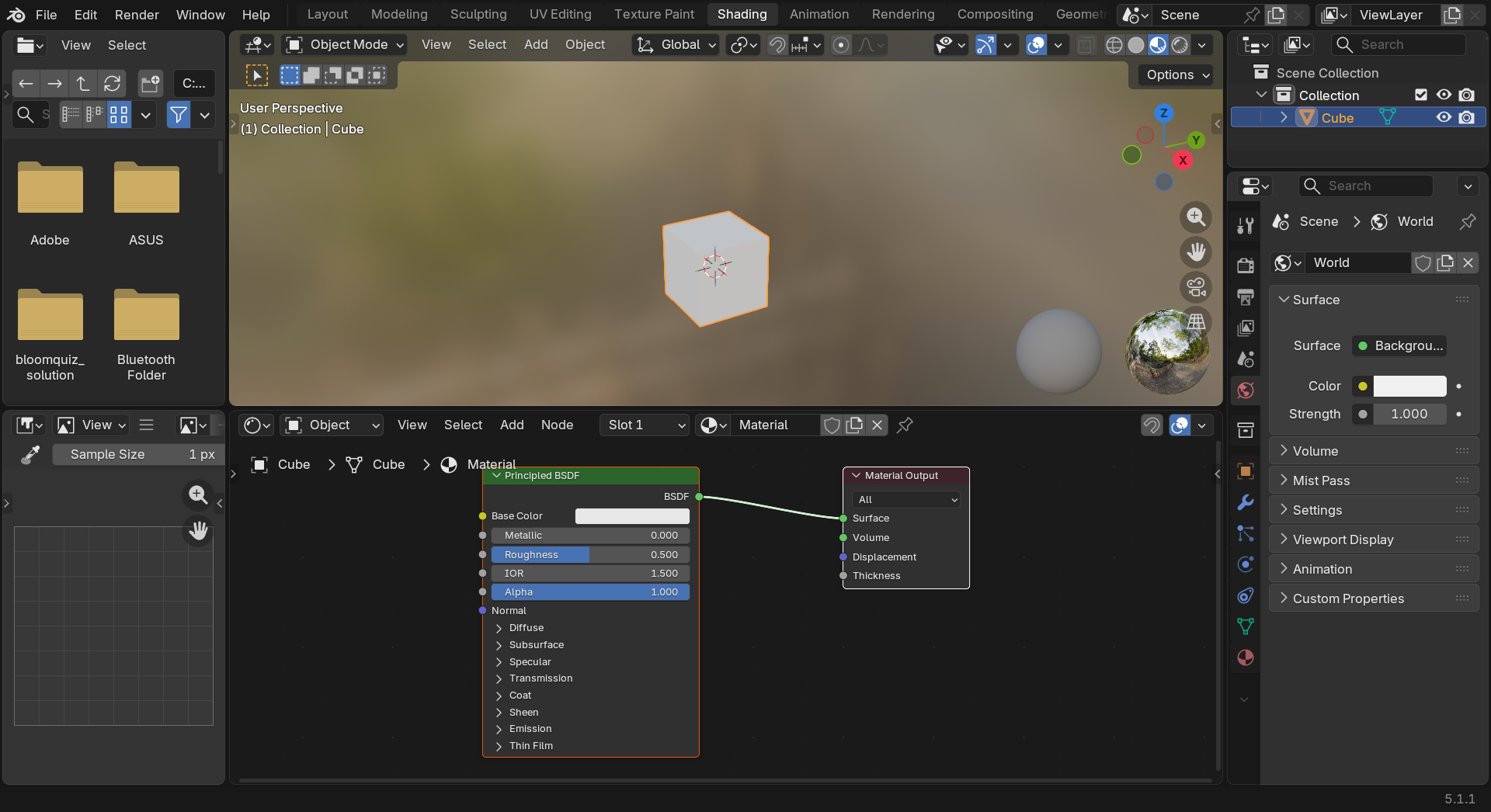 Blender's Shading workspace showing the four working regions: the 3D Viewport with a cube in Material Preview mode, the Shader Editor with the Principled BSDF and Material Output nodes, the Properties panel on the right, and the workspace tabs across the top.