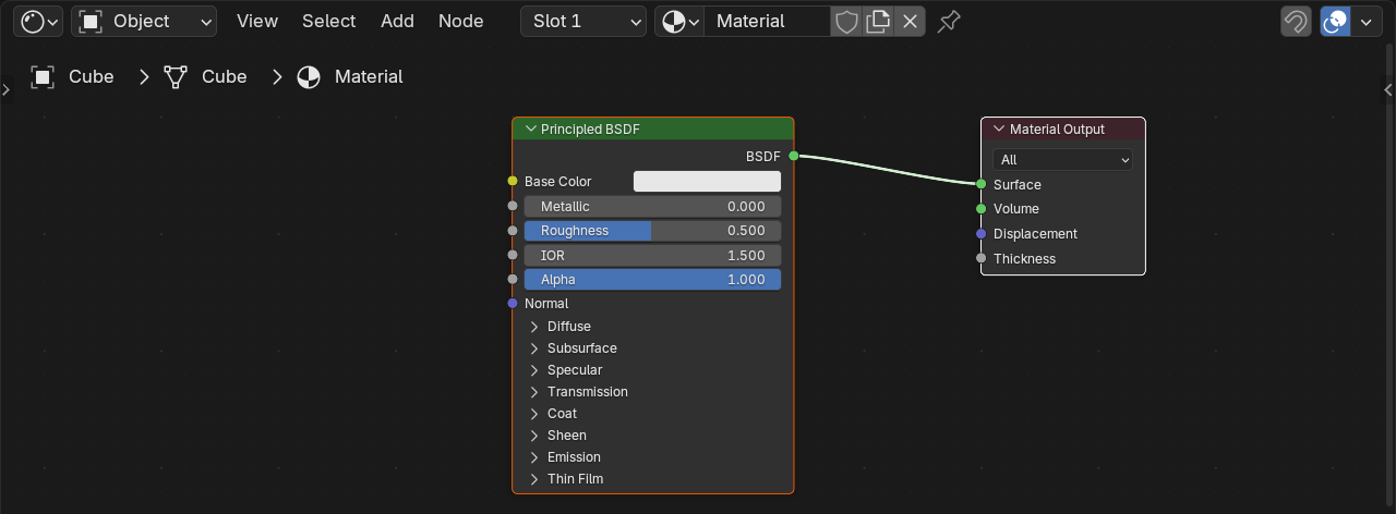 Close-up of the Shader Editor showing the header bar with the material selector and add menu, the breadcrumb path, the dark canvas, the Principled BSDF node on the left connected by a green noodle to the Material Output node on the right.