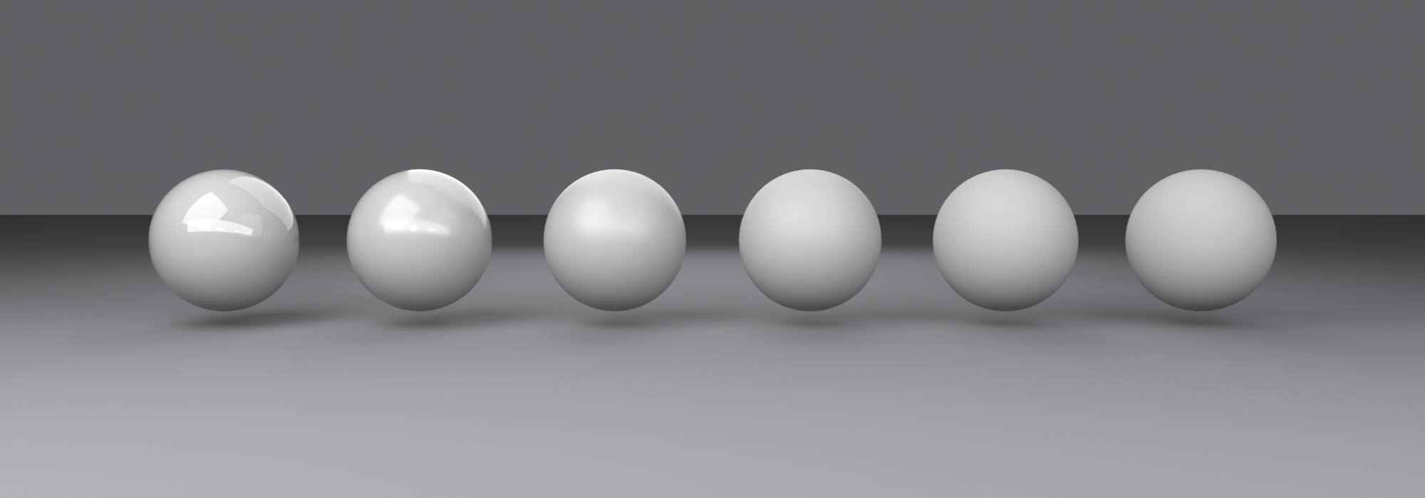 Six identical grey spheres in a row, roughness increasing left to right from 0.0 to 1.0, the reflections progressively blurring from a sharp mirror to a flat matte surface.