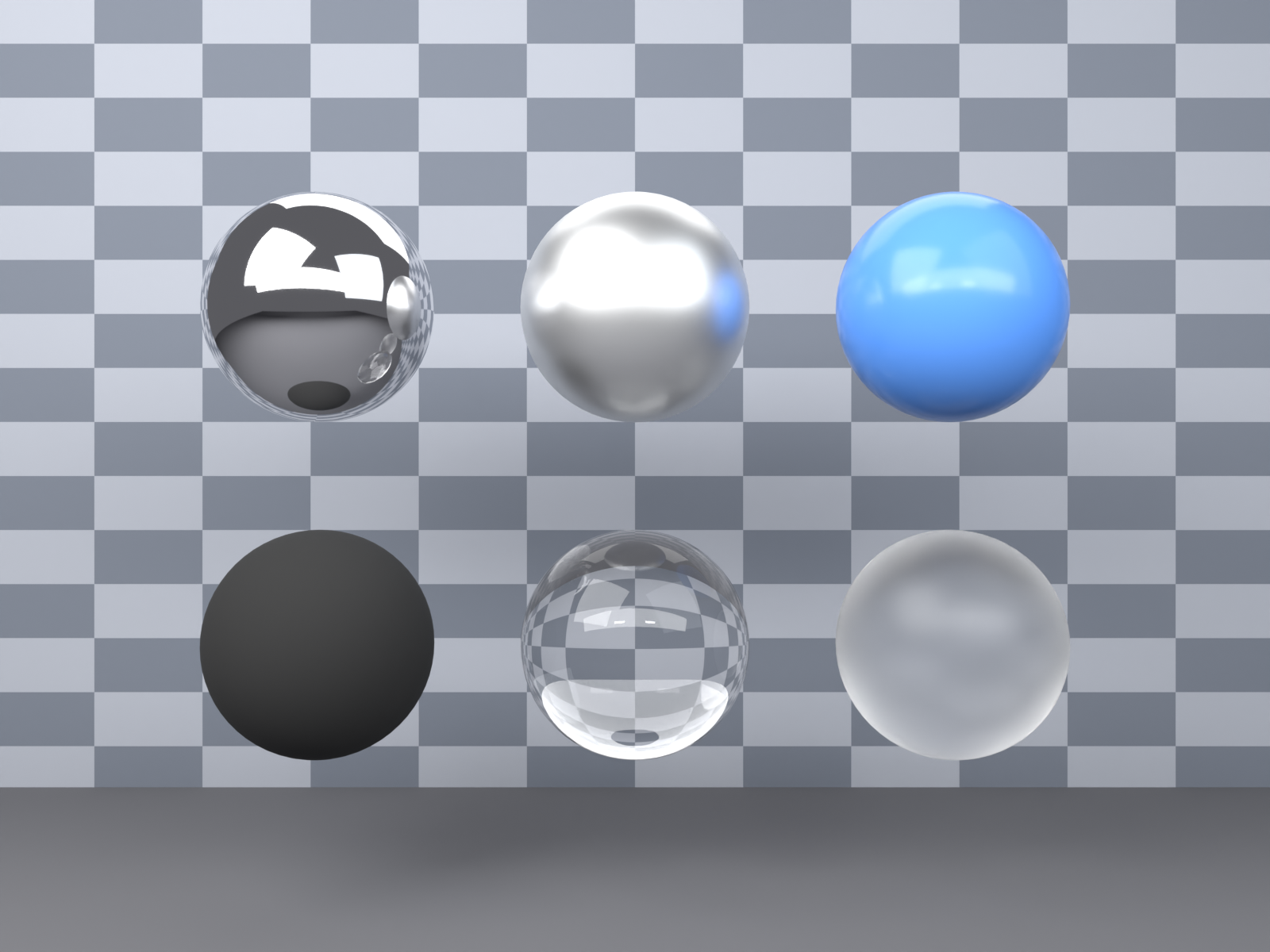 A 3 by 2 grid of spheres demonstrating six material personalities: polished chrome, brushed aluminium and glossy blue plastic on the top row, matte rubber, clear glass and frosted glass on the bottom row, each labelled with its key Metallic, Roughness or Transmission values.