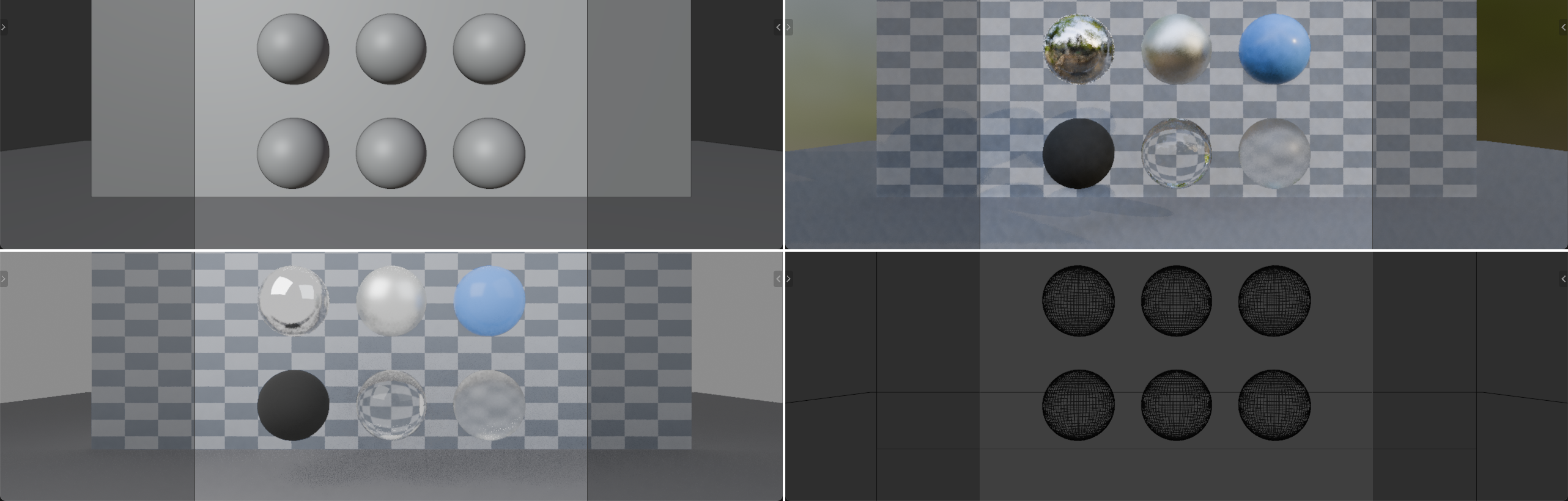 The same six-sphere scene shown four ways. Top left, Solid mode renders every sphere as plain grey geometry with no materials. Top right, Material Preview shows the materials lit by a studio HDRI so colour, metal, and glass read clearly. Bottom left, Rendered mode gives the full engine result with accurate reflections and refraction. Bottom right, Wireframe shows only the edge structure of each sphere.