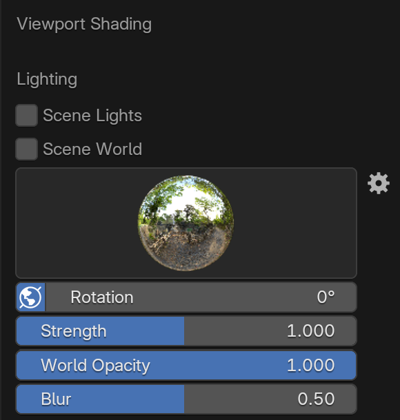The Material Preview shading dropdown, a dark popover panel. From top: a Lighting section with Scene Lights and Scene World checkboxes, an HDRI environment preview sphere showing a forest scene, then Rotation, Strength, World Opacity, and Blur sliders. Orange callouts mark the Lighting, HDRI, Rotation, Strength, and Blur controls.