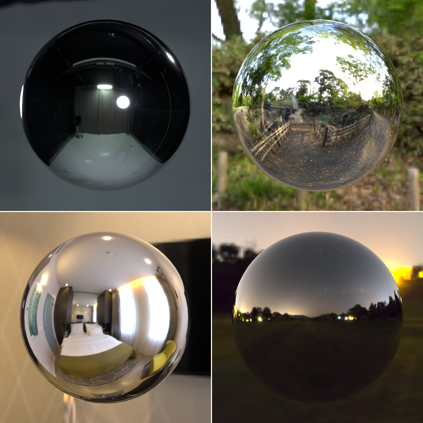 The same chrome sphere rendered under four different HDRI environments in a two-by-two grid. Top left, Studio: a neutral grey room with overhead lights reflected in the chrome. Top right, Forest: green trees, sky, and a fenced path wrap around the sphere. Bottom left, Interior: a warm indoor bedroom scene reflected in the metal. Bottom right, Night: a dark scene with a low warm glow on the horizon and faint stars.
