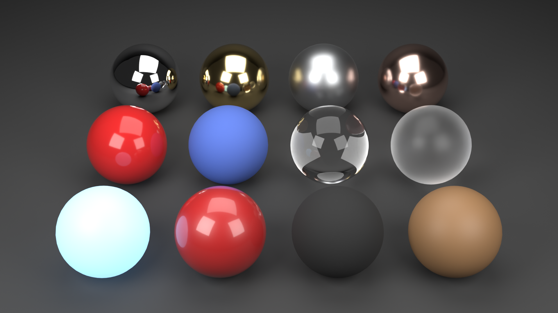 A 3 by 4 grid of twelve labelled material spheres: row one metals (Chrome, Gold, Brushed Steel, Copper), row two coloured and glass materials (Red Glossy, Blue Matte, Clear Glass, Frosted Glass), row three Emissive Blue, Car Paint, Rubber, and Wood.