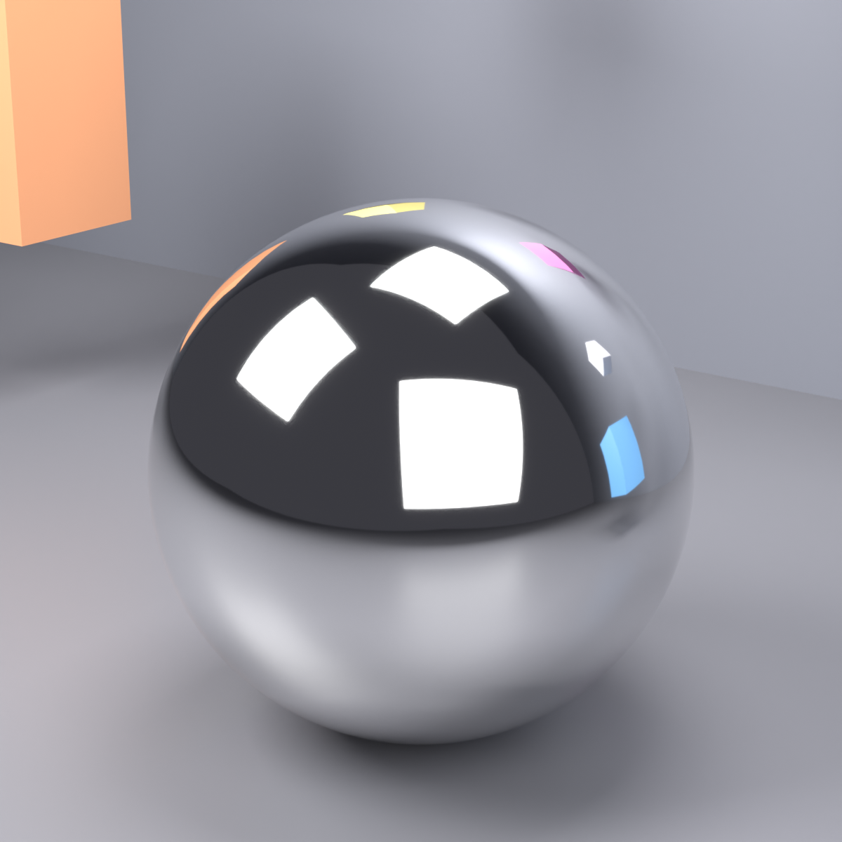 A mirror-finish chrome sphere reflecting the studio environment and coloured accent panels, illustrating a fully metallic material with near-zero roughness.