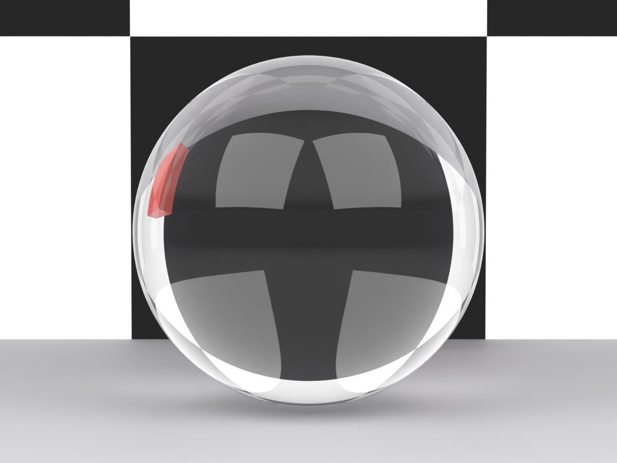 A transparent glass sphere that refracts and inverts a checkerboard backdrop seen through it, with a small red object visible behind the glass.