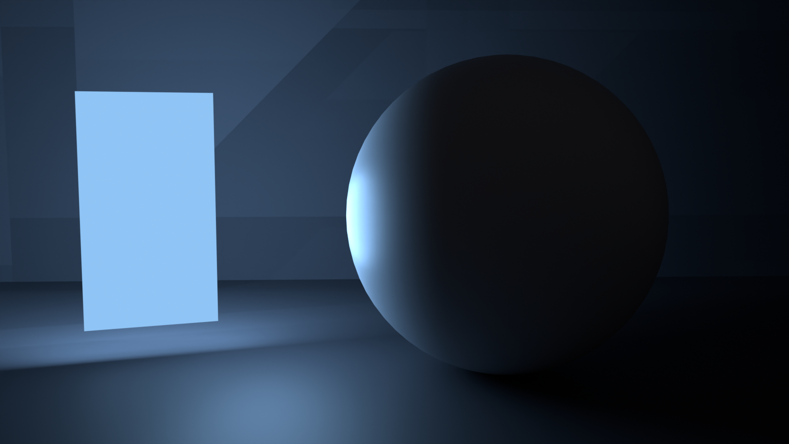 A glowing blue emissive panel on the left casts blue light across a dark scene, illuminating the left rim of an otherwise unlit sphere on the right.