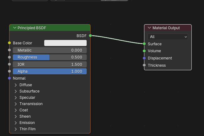 The Principled BSDF and Material Output nodes with three numbered orange step badges: step 1 clicks the BSDF output socket, step 2 drags along the connection toward the input socket, and step 3 releases on the Surface input socket to complete the link.