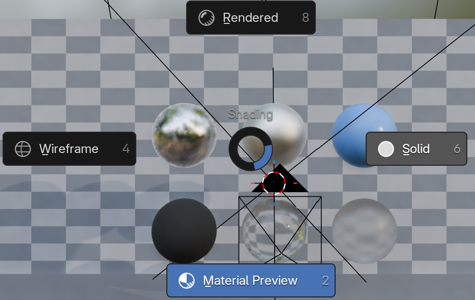 Blender's viewport-shading pie menu, opened by pressing Z over the 3D Viewport. Four labelled options radiate from a central shading wheel: Rendered at the top, Wireframe on the left, Solid on the right, and Material Preview at the bottom, highlighted in blue as the active mode. Each option shows a number shortcut.