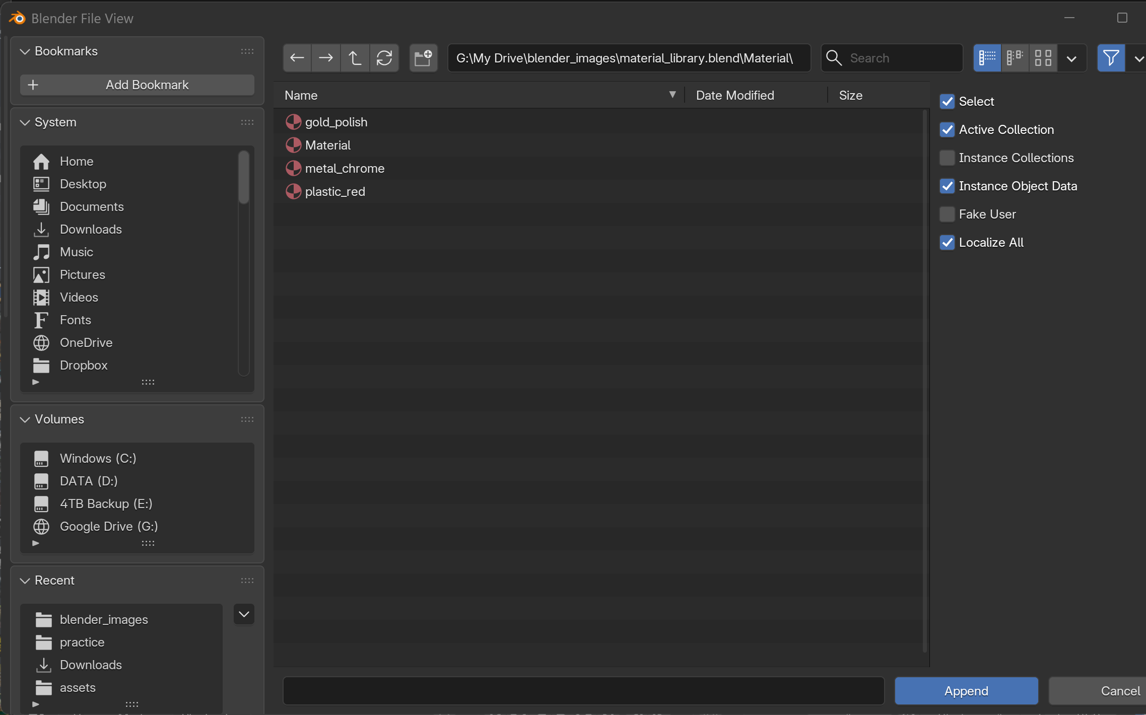 Blender's File Append browser navigated into a material library .blend, with the path breadcrumb at top, a list of named materials (gold_polish, Material, metal_chrome, plastic_red), and the Append button at the bottom right. Five numbered steps mark the append workflow.