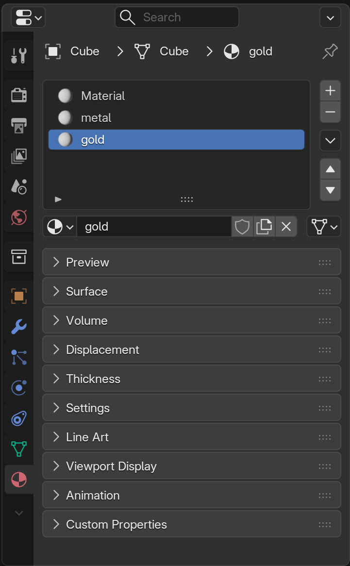 Blender's Material Properties panel on an object with three material slots (Material, metal, and the active highlighted gold slot), with the add and remove slot buttons, the material preview sphere, and the Link Object-versus-Data dropdown all labelled.