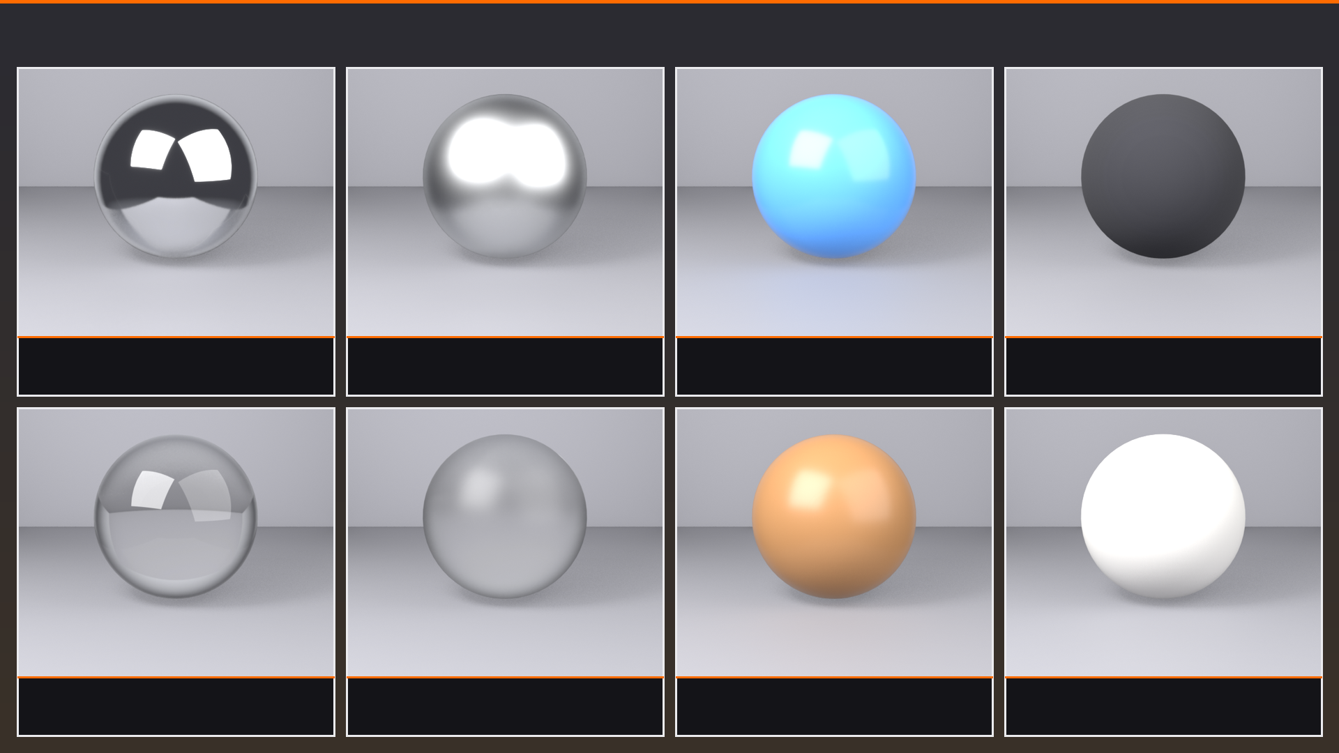 A reference grid of eight spheres, each rendered with a different real-world material so learners can compare surface behavior. Top row: chrome, brushed aluminum, glossy plastic, and matte rubber. Bottom row: clear glass, frosted glass, polished wood, and concrete. Each cell labels the material with its key Principled BSDF values.